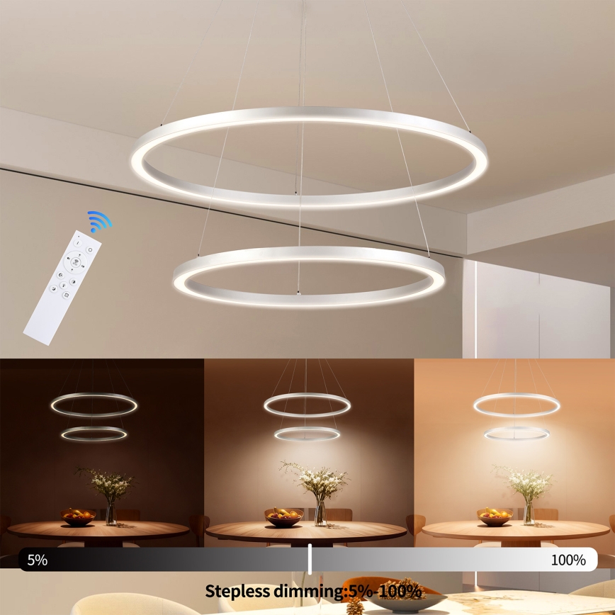 Brilagi - PORTOFINO Dimmable LED cable-suspended chandelier LED/98W/230V 3000–6000K Ø80 cm Silver + Remote Control