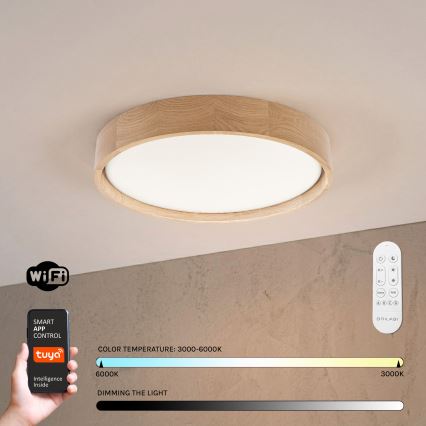 Brilagi - Dimmable LED Ceiling Light MANAROLA SMART 24W/230V 3000-6000K Wi-Fi Tuya Beacon Ø 41 cm Oak + Remote Control