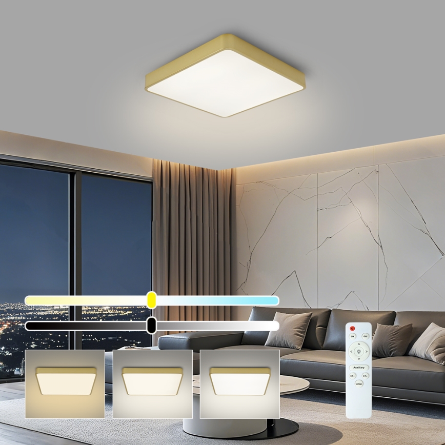 BRILAGI - Dimmable POOL SQUARE LED Ceiling Light LED/48W/230V 3000-6000K 50x50 cm Gold + Remote Control