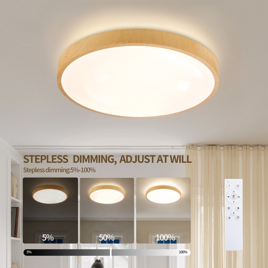 Brilagi - Dimmable LED Ceiling Light GLASS POOL DOUBLE LED/48W/230V 3000-6000K 40 cm wood-effect finish + remote control