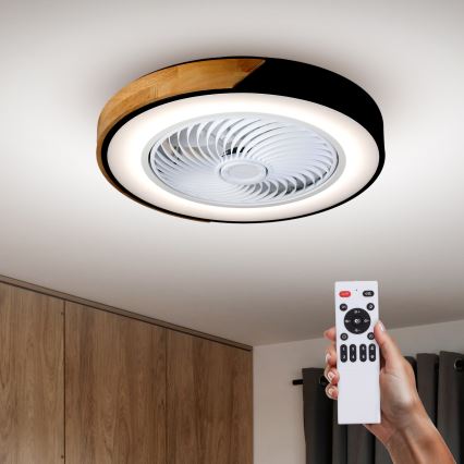 Brilagi - Dimmable LED ceiling light with fan, 30W, 230V, 3000–6500K, Ø 50 cm, black/oak + remote control