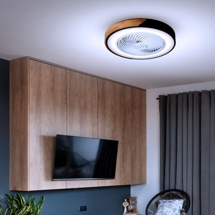 Brilagi - Dimmable LED ceiling light with fan, 30W, 230V, 3000–6500K, Ø 50 cm, black/oak + remote control