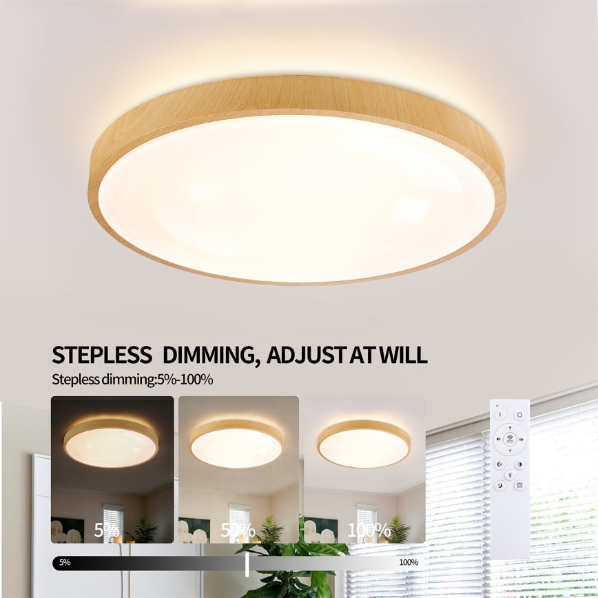 Brilagi - Dimmable LED Ceiling Light GLASS POOL DOUBLE LED/60W/230V 3000-6000K 50 cm wood finish + remote control