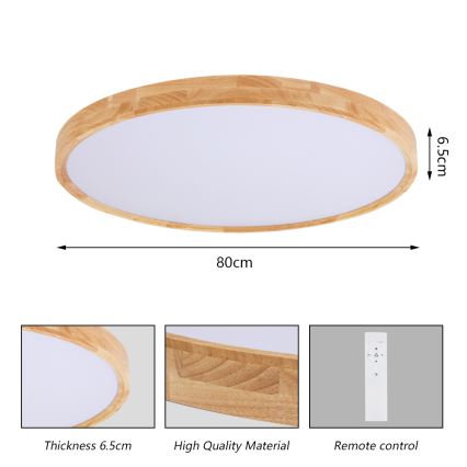 Brilagi - WOODROUND Dimmable LED Ceiling Light LED/70W/230V 3000-6000K Ø 80 cm Wood CRI 90 + Remote Control