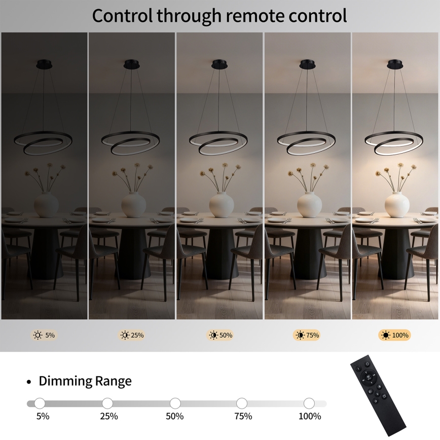 Brilagi - LED Dimmable Cable Pendant TWISTER LED/48W/230V 3000-6000K Ø50 cm Black + Remote Control