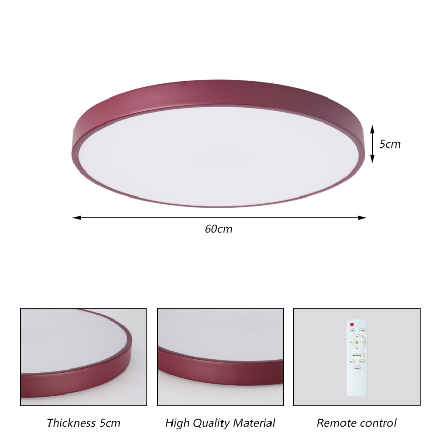 Brilagi - Dimmable POOL LED Ceiling Light, 60W/230V, 3000–6000K, Ø 60 cm, Burgundy + Remote Control
