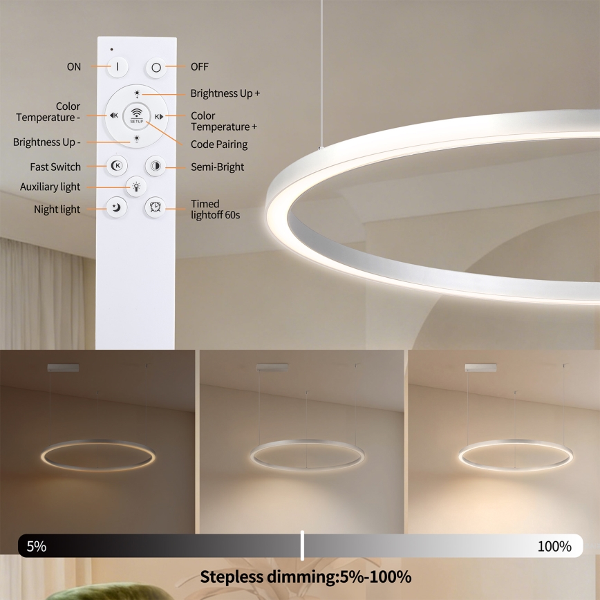 Brilagi - PORTOFINO LED dimmable cable pendant lamp LED/60W/230V 3000-6000K Ø 80 cm silver + remote control