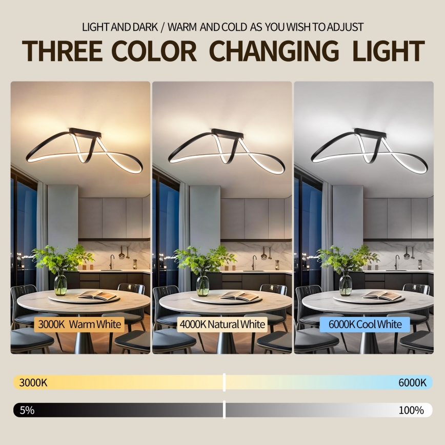 Brilagi - TWISTER LED/60W/230V Dimmable Surface-Mounted Ceiling Light 3000-6000K Black + Remote Control