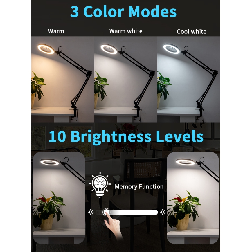 Brilagi - LED Dimmable table lamp with a magnifying glass LENS LED/12W/5V 3000/4200/6000K black