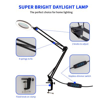 Brilagi - LED Dimmable table lamp with a magnifying glass LENS LED/12W/5V 3000/4200/6000K black