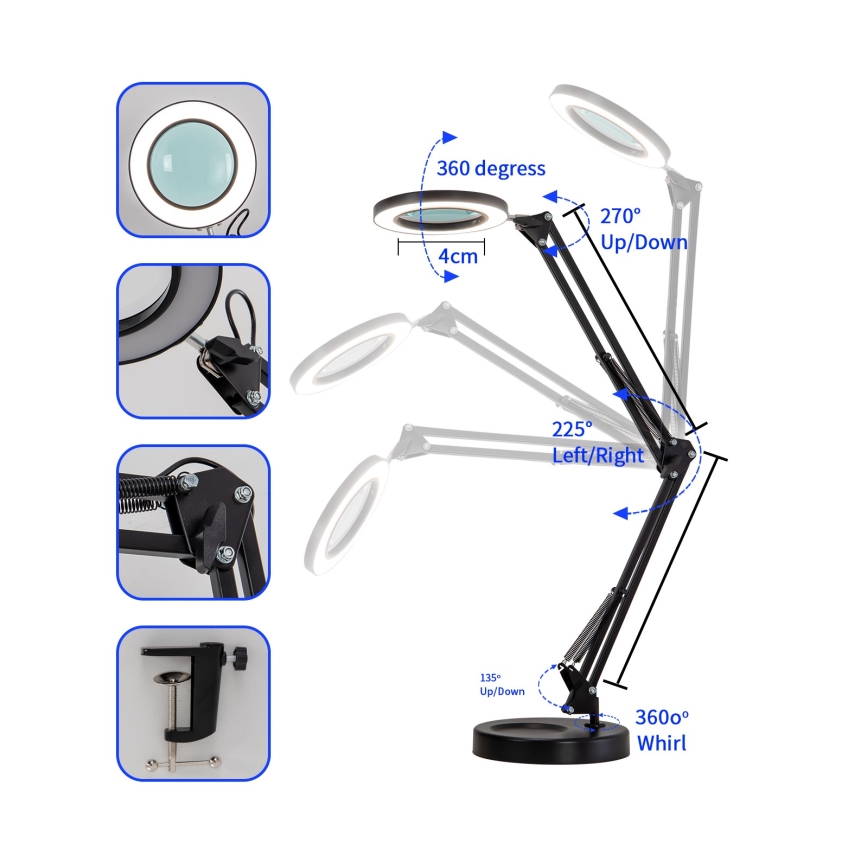 Brilagi - LED Dimmable table lamp with a magnifying glass LENS LED/12W/5V 3000/4200/6000K black