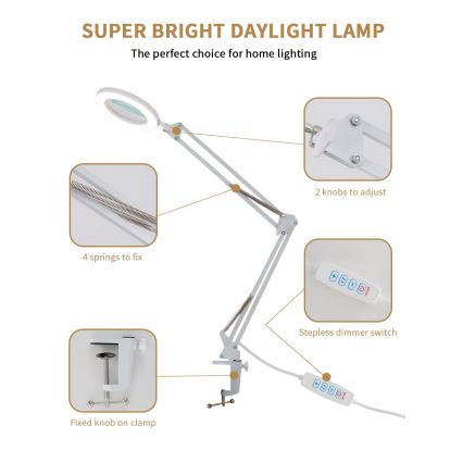 Brilagi - LED Dimmable table lamp with a magnifying glass LENS LED/12W/5V 3000/4200/6000K white