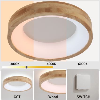 Brilagi - FALCON WOOD LED Ceiling Light, 30W, 230V, 3000/4000/6000K, Ø45 cm, Wood