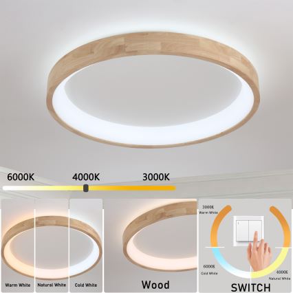 Brilagi - FALCON WOOD LED Ceiling Light, 60 W, 230 V, 3000/4000/6000 K, Ø 80 cm, wood