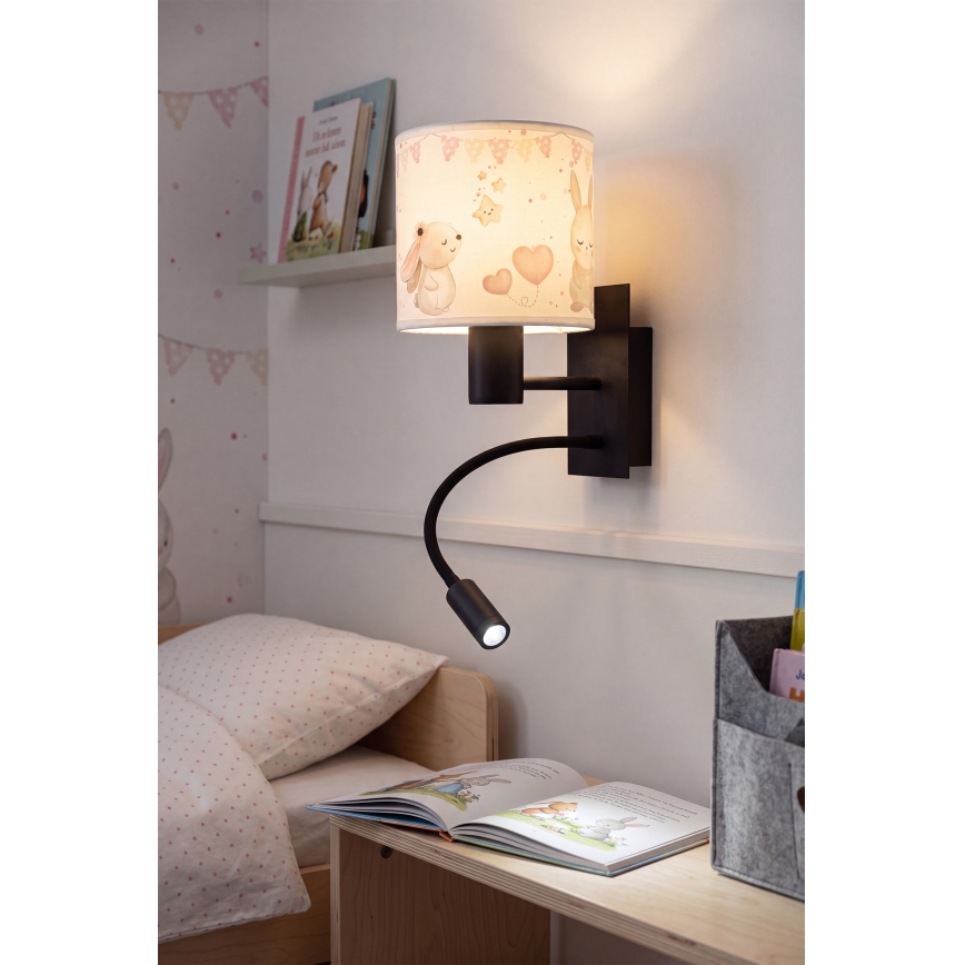 BRILAGI - BOBO LED Flexible Children's Wall Lamp 1xE27/25W/230V + LED/3W black/cream/rabbit pattern