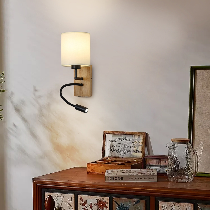 Brilagi - LED Flexible wall lamp NUBILA WOOD 1xE27/25W/230V + LED/3W oak/black/creamy