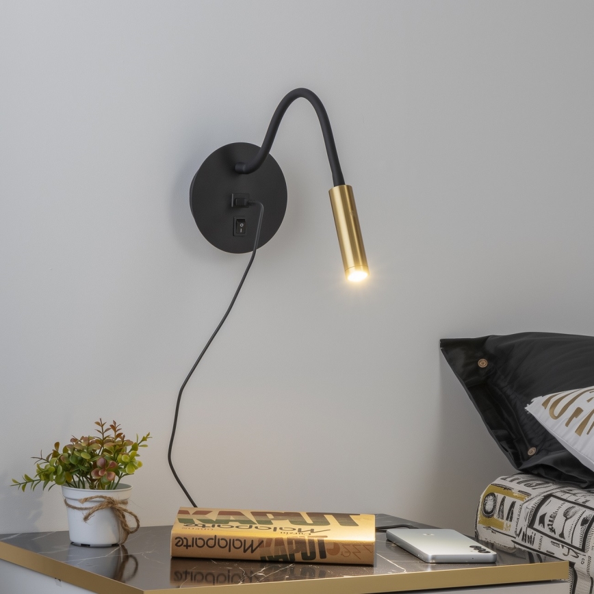 Brilagi - LED Flexible wall lamp with USB port MAYA LED/3W/230V 4000K black/gold