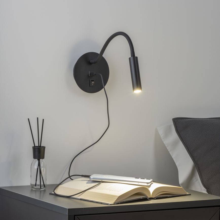 Brilagi - LED Flexible wall lamp with USB port MAYA LED/3W/230V 4000K black