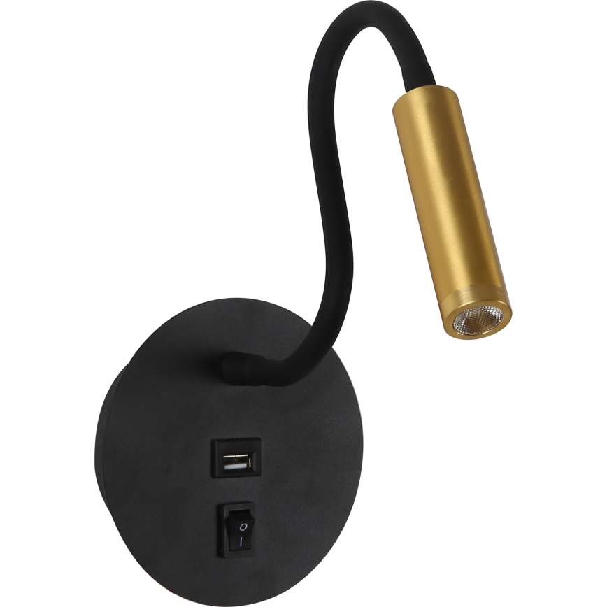 Brilagi - LED Flexible wall lamp with USB port MAYA LED/3W/230V 4000K black/gold
