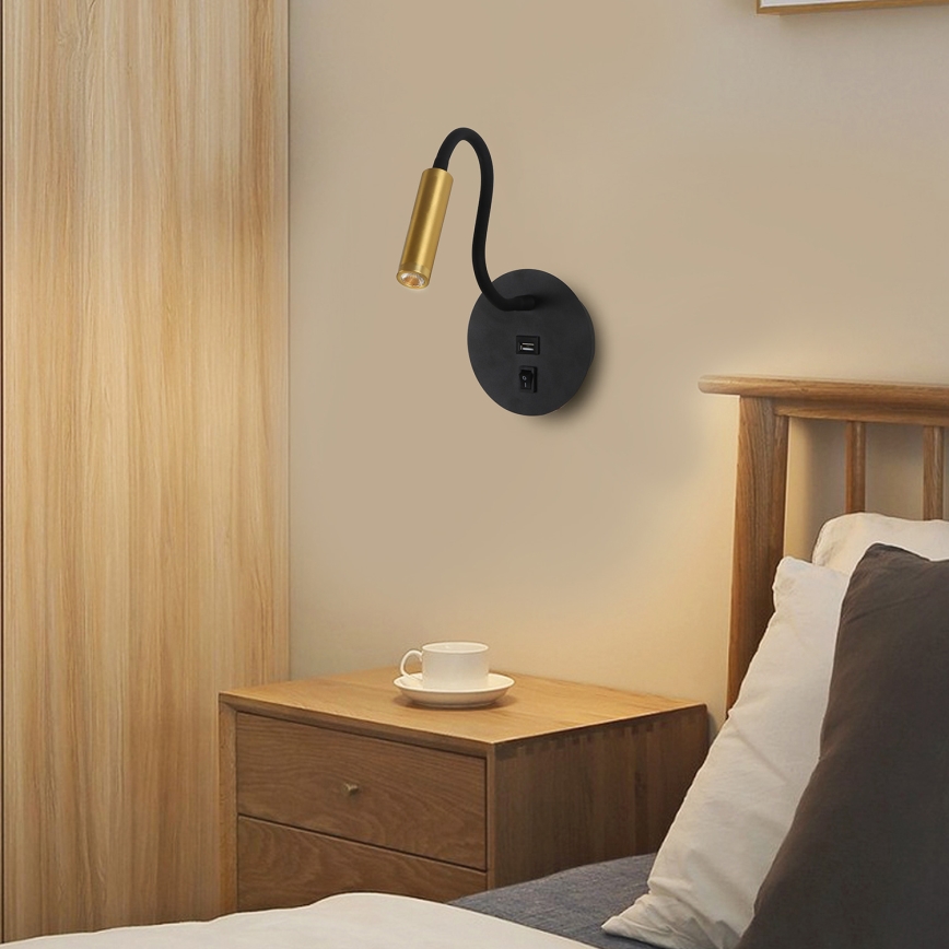 Brilagi - LED Flexible wall lamp with USB port MAYA LED/3W/230V 4000K black/gold
