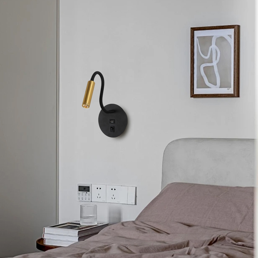 Brilagi - LED Flexible wall lamp with USB port MAYA LED/3W/230V 4000K black/gold