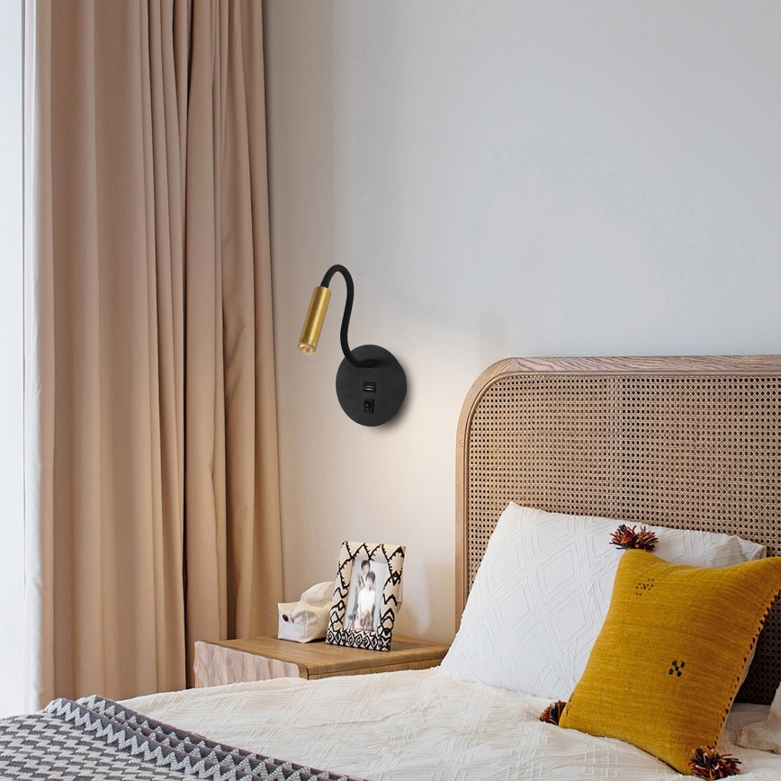 Brilagi - LED Flexible wall lamp with USB port MAYA LED/3W/230V 4000K black/gold