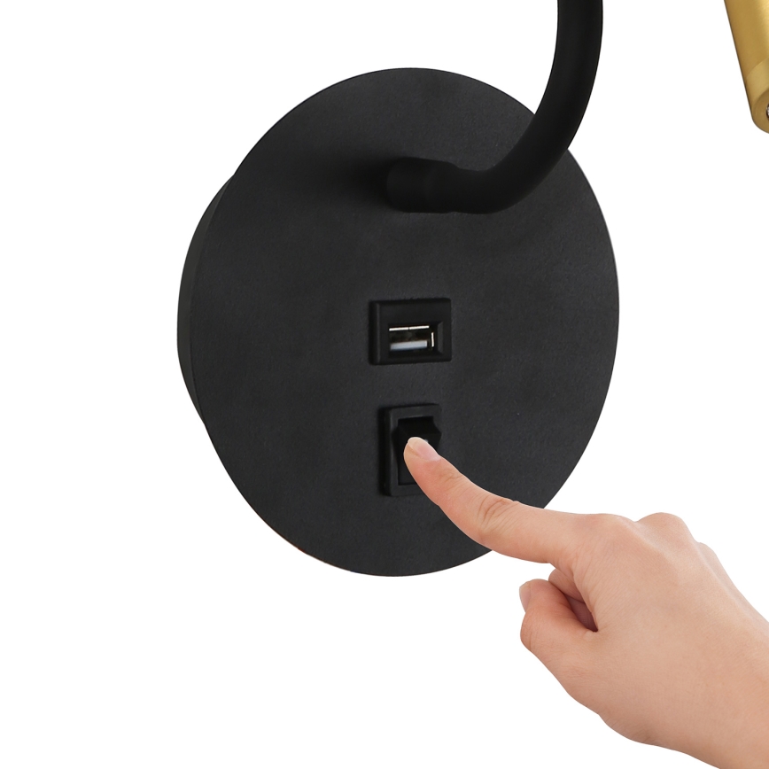 Brilagi - LED Flexible wall lamp with USB port MAYA LED/3W/230V 4000K black/gold