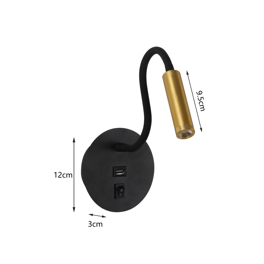 Brilagi - LED Flexible wall lamp with USB port MAYA LED/3W/230V 4000K black/gold