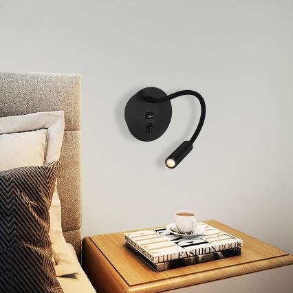 Brilagi - LED Flexible wall lamp with USB port MAYA LED/3W/230V 4000K black