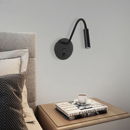 Brilagi - LED Flexible wall lamp with USB port MAYA LED/3W/230V 4000K black