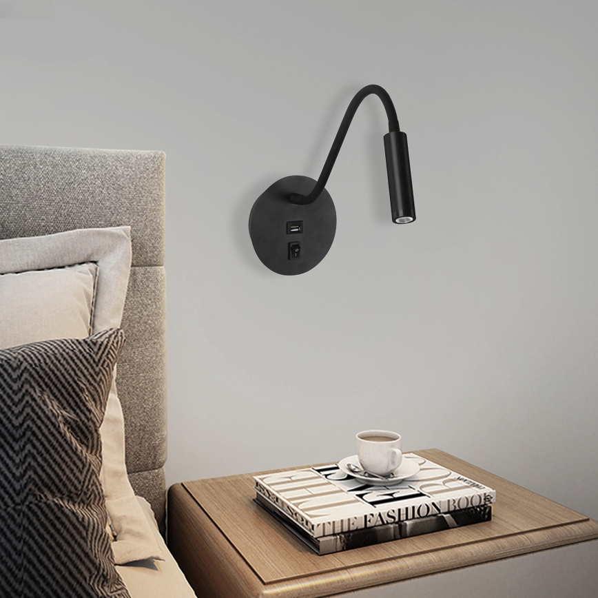 Brilagi - LED Flexible wall lamp with USB port MAYA LED/3W/230V 4000K black