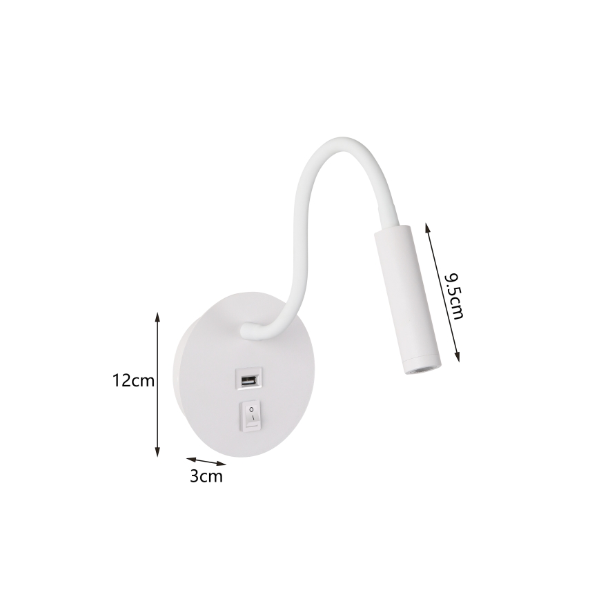 Brilagi - LED Flexible wall lamp with USB port MAYA LED/3W/230V 4000K white