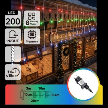 BRILAGI - LED Outdoor Christmas Light Chain 200xLED/3.6W/8 functions 13x0.4m IP44 multicolor