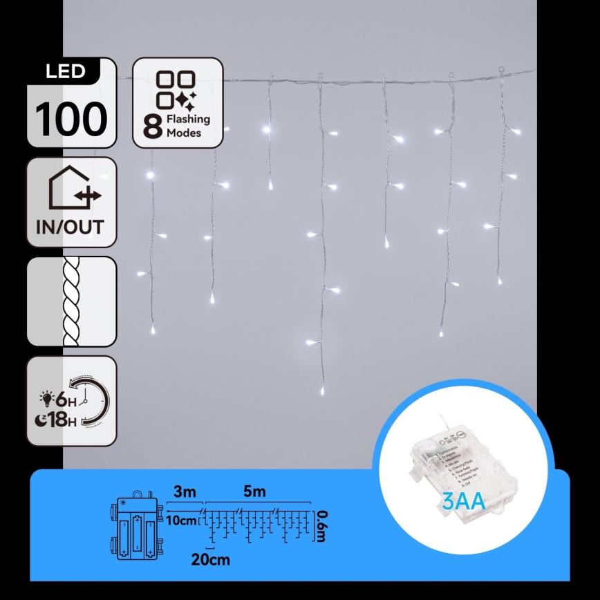 BRILAGI - LED Outdoor Christmas String Lights 100xLED/3xAA/8 functions 8x0.6m IP44 cool white