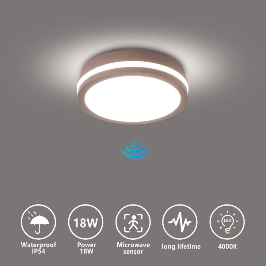 Brilagi - BENE LED outdoor ceiling light with sensor, LED/18W/230V, Ø 21,5 cm, brown, IP54