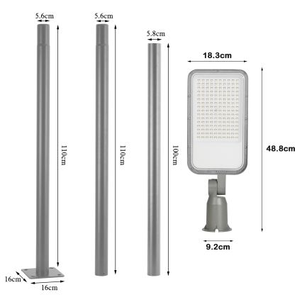 Brilagi - URBANLIGHT LED/100W/230V outdoor street light with 3 m pole and adjustable joint, gray, IP65