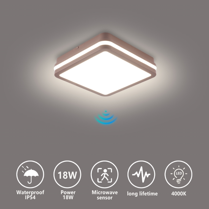 Brilagi - BENE LED Outdoor Ceiling Light with Sensor, LED/18W/230V, 21.5x21.5 cm, Brown, IP54