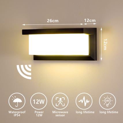 Brilagi - LED Outdoor wall light with a sensor BRICKY LED/12W/230V black IP54