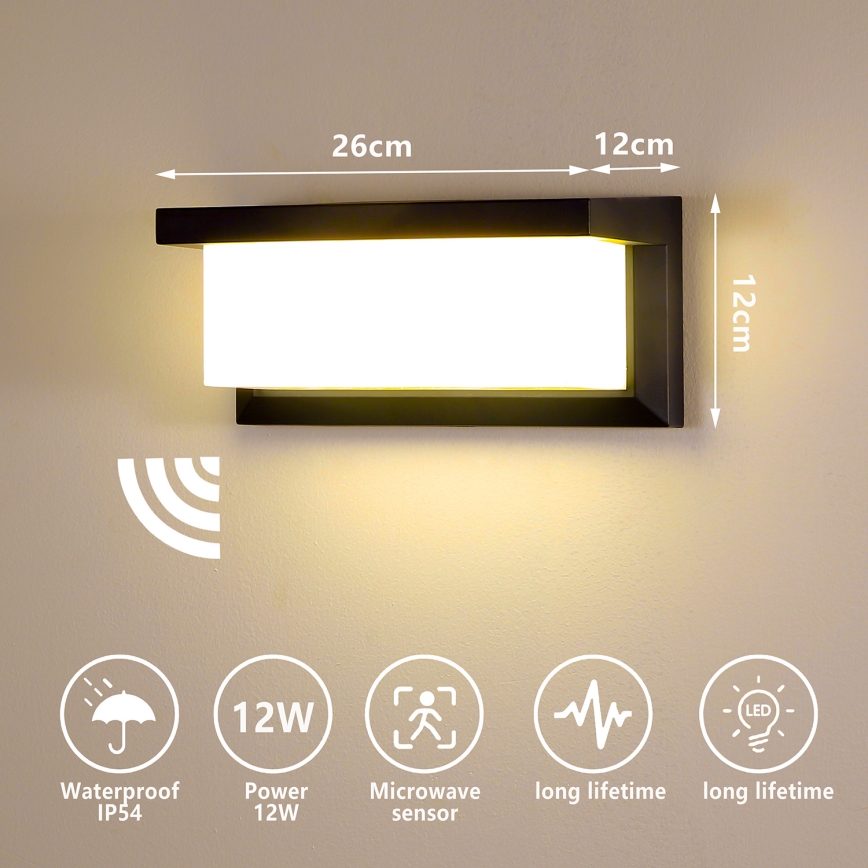 Brilagi - LED Outdoor wall light with a sensor BRICKY LED/12W/230V black IP54