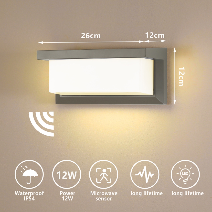 Brilagi - LED Outdoor wall light with a sensor BRICKY LED/12W/230V grey IP54
