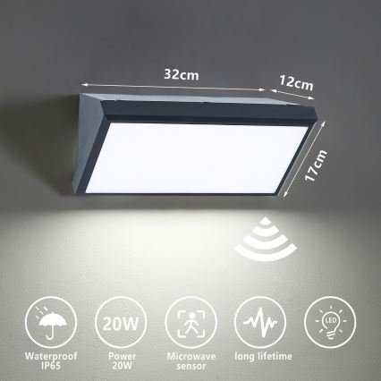 Brilagi - LED Outdoor wall light with a sensor TRIANGLE LED/20W/230V anthracite IP65