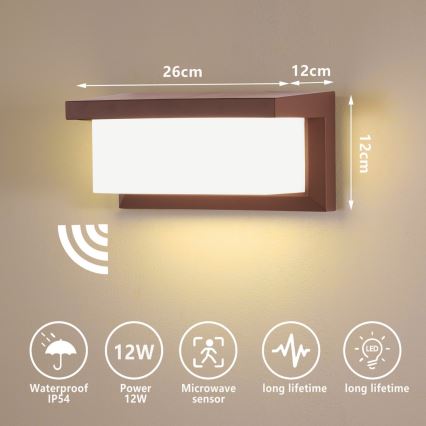 Brilagi - BRICKY LED Outdoor Wall Light with Sensor, 12W/230V, Brown, IP54