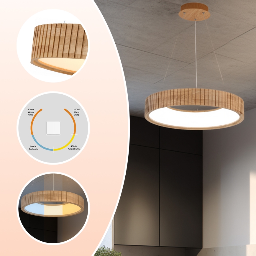 Brilagi - FALCON WOOD MODERN LED Cable-Hung Pendant, 30W, 230V, 3000/4000/6000K, Ø45 cm, Wood
