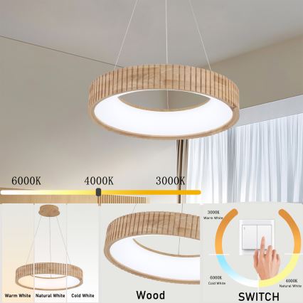 Brilagi - FALCON WOOD MODERN LED Cable-Hung Pendant, 30W, 230V, 3000/4000/6000K, Ø45 cm, Wood