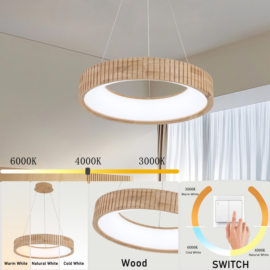 Brilagi - FALCON WOOD MODERN LED Cable-Hung Pendant, 30W, 230V, 3000/4000/6000K, Ø45 cm, Wood