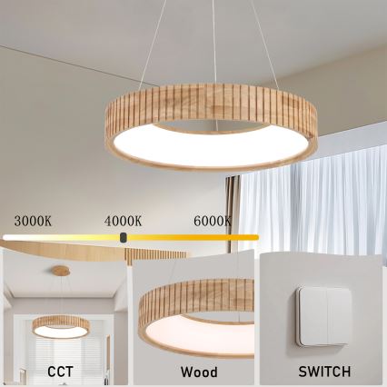 Brilagi - FALCON WOOD MODERN LED Cable-Hung Pendant, 30W, 230V, 3000/4000/6000K, Ø45 cm, Wood