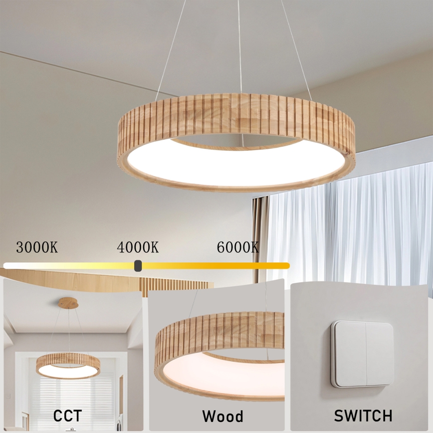 Brilagi - FALCON WOOD MODERN LED Cable-Hung Pendant, 30W, 230V, 3000/4000/6000K, Ø45 cm, Wood