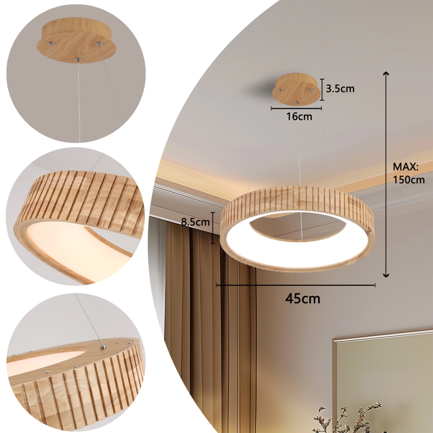 Brilagi - FALCON WOOD MODERN LED Cable-Hung Pendant, 30W, 230V, 3000/4000/6000K, Ø45 cm, Wood