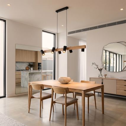 BRILAGI - SELE LED RGBW Dimmable Cable Pendant 6x GU10/6.5W/230V 2700-6500K Black/Oak Decor + Remote Control