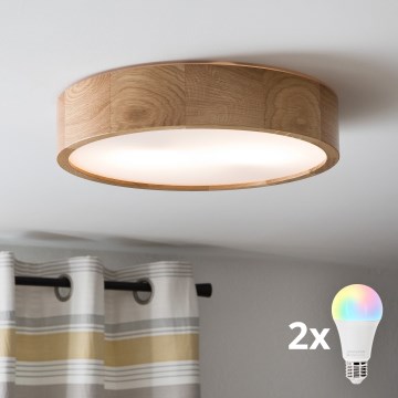 Brilagi - LED RGBW Dimmable Ceiling Light CARVALHO 2xE27/9W/230V 2700-6500K Wi-Fi Oak Ø 37.5 cm